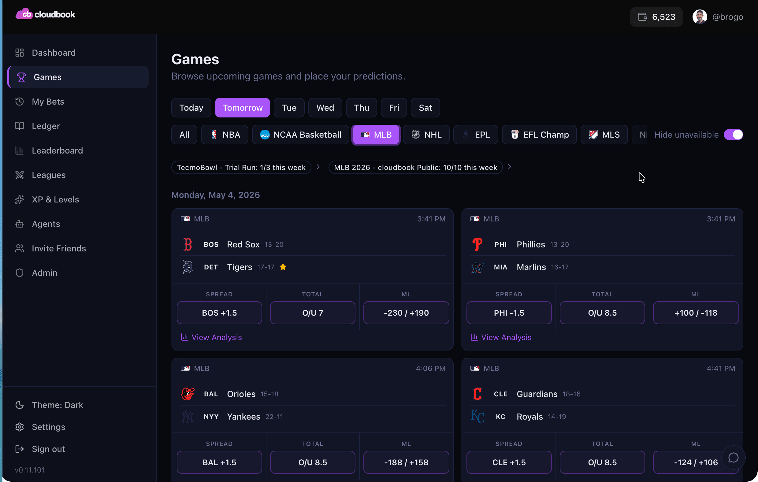 cloudbook — games view with sport filters